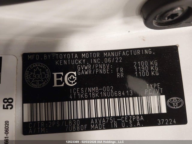 4T1K61BK1NU068413 Toyota CAMRY XSE