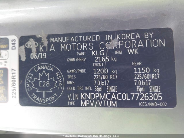 12523384 :رقم المزاد ، KNDPMCAC0L7726305 vin ، 2020 Kia Sportage Lx مزاد بيع