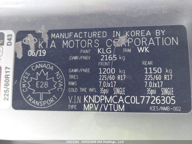 12523384 :رقم المزاد ، KNDPMCAC0L7726305 vin ، 2020 Kia Sportage Lx مزاد بيع