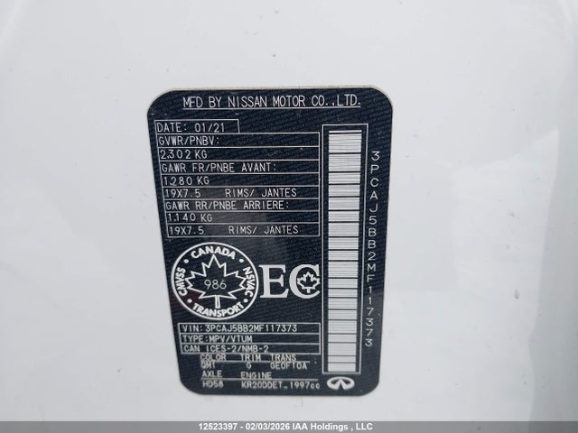 Aukcja sprzedaży 2021 Infiniti Qx50 Luxe, vin: 3PCAJ5BB2MF117373, numer aukcji: 12523397