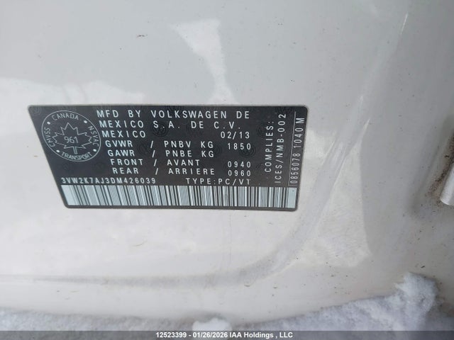 2013 Volkswagen Jetta S მანქანა იყიდება აუქციონზე, vin: 3VW2K7AJ3DM426039, აუქციონის ნომერი: 12523399