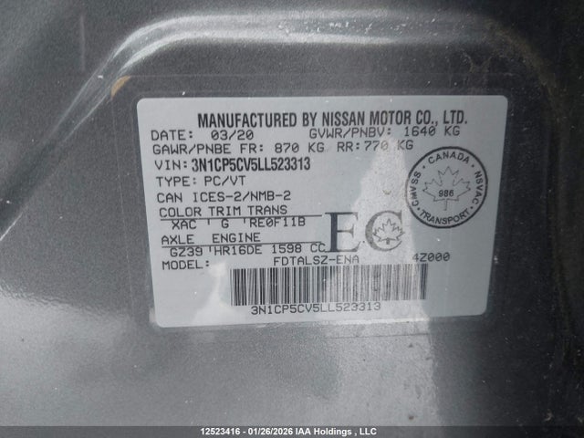 3N1CP5CV5LL523313 Nissan KICKS SV