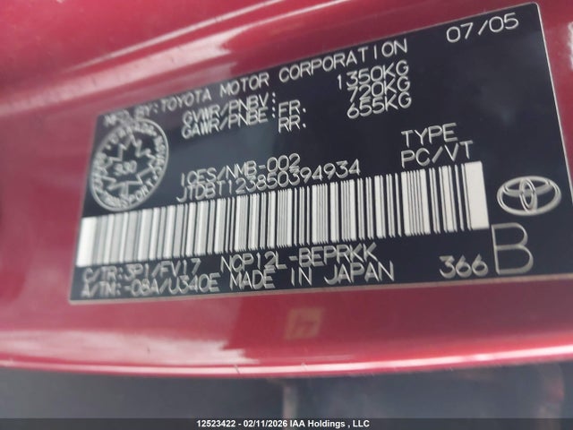 12523422 :رقم المزاد ، JTDBT123850394934 vin ، 2005 Toyota Echo مزاد بيع