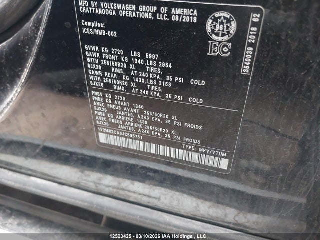12523425 :رقم المزاد ، 1V2MR2CA6JC595751 vin ، 2018 Volkswagen Atlas 3.6 Fsi Highline مزاد بيع