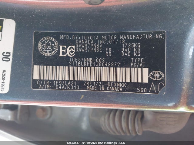 Продажа на аукционе авто 2018 Toyota Corolla L/le/xle/se/xse, vin: 2T1BURHE1JC048972, номер лота: 12523437
