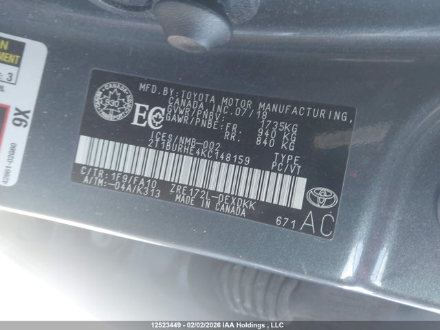 12523449 :رقم المزاد ، 2T1BURHE4KC148159 vin ، 2019 Toyota Corolla L/le/xle/se/xse مزاد بيع