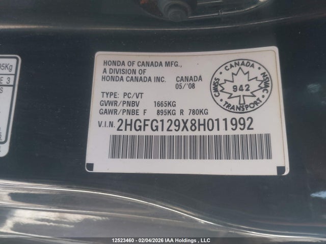 12523460 :رقم المزاد ، 2HGFG129X8H011992 vin ، 2008 Honda Civic Ex-l مزاد بيع