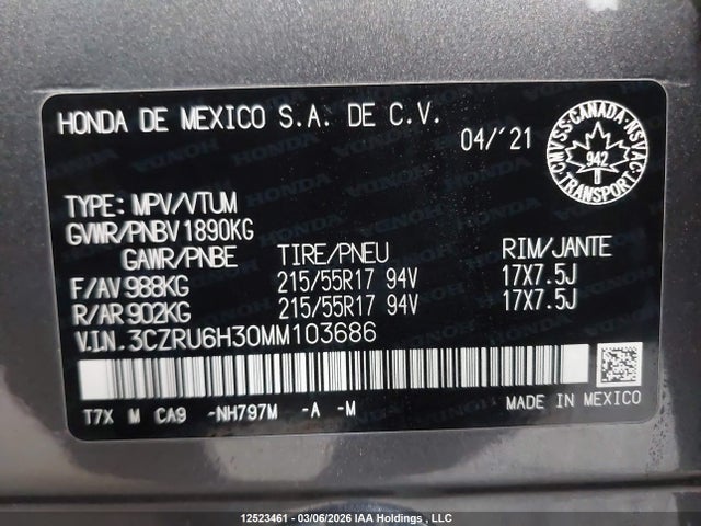 3CZRU6H30MM103686 Honda HR-V LX