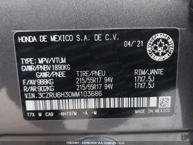 3CZRU6H30MM103686 Honda HR-V LX