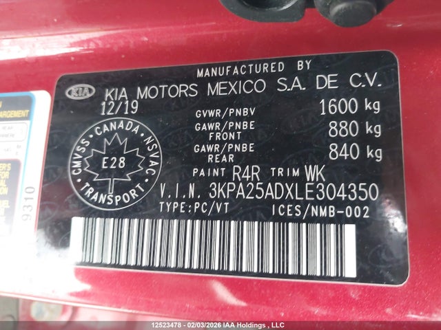 3KPA25ADXLE304350 KIA Rio