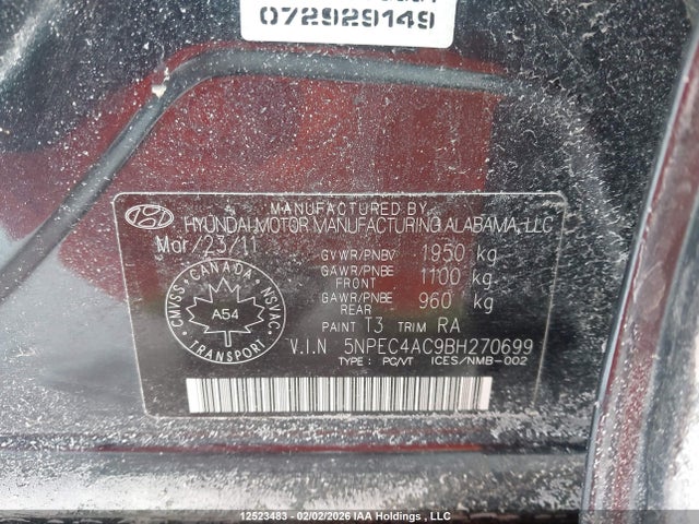 12523483 :رقم المزاد ، 5NPEC4AC9BH270699 vin ، 2011 Hyundai Sonata Limited مزاد بيع
