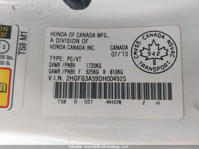 12523500 :رقم المزاد ، 2HGFG3A59DH004925 vin ، 2013 Honda Civic مزاد بيع