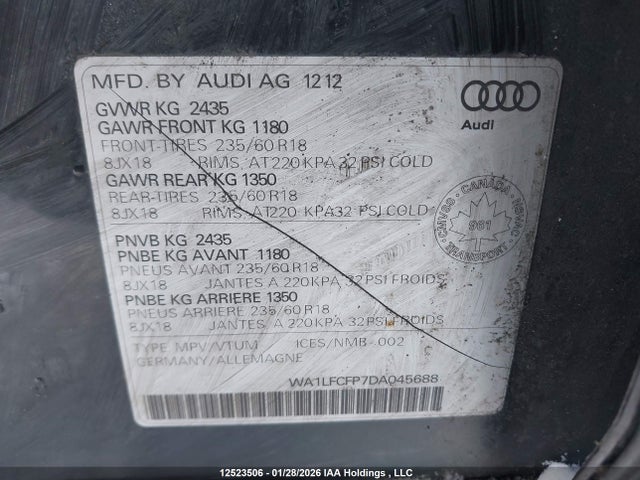 12523506 :رقم المزاد ، WA1LFCFP7DA045688 vin ، 2013 Audi Q5 مزاد بيع