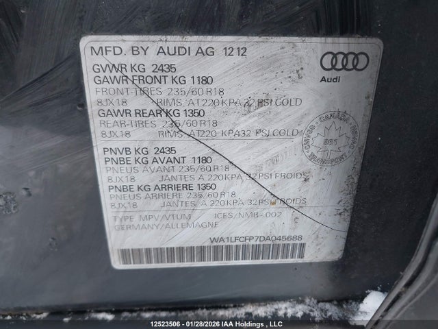 12523506 :رقم المزاد ، WA1LFCFP7DA045688 vin ، 2013 Audi Q5 مزاد بيع
