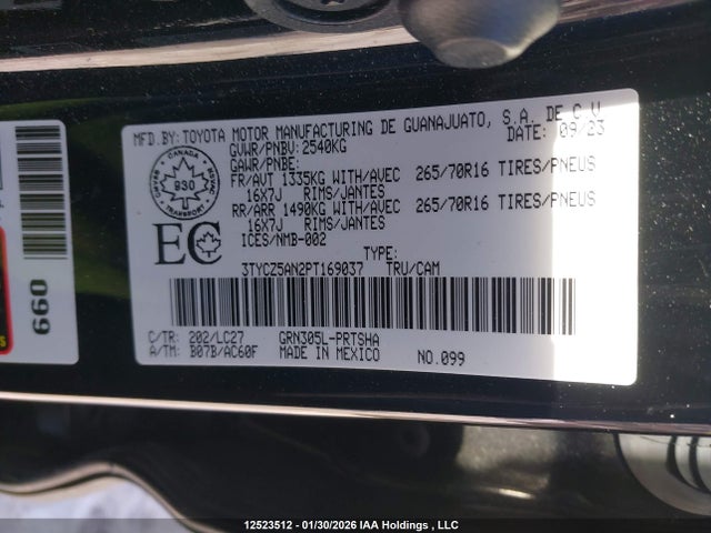 3TYCZ5AN2PT169037 Toyota Tacoma Double Cab/sr/sr5/trail/trd Sport/trd Off Road/trd Pro
