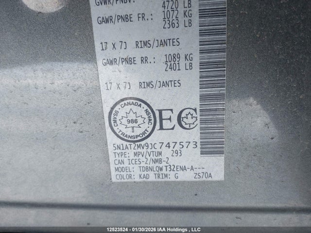 5N1AT2MV9JC747573 Nissan Rogue Sv/sl