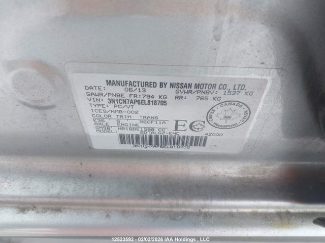 3N1CN7AP6EL818705 Nissan Versa 1.6 S/1.6 Sl/1.6 Sv