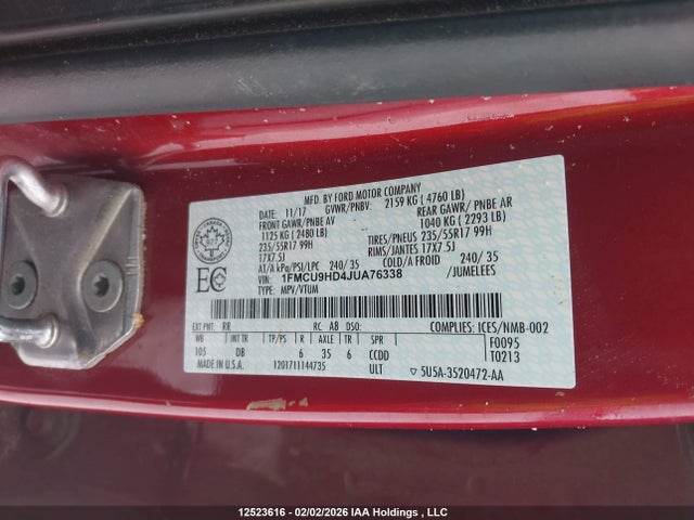 1FMCU9HD4JUA76338 Ford ESCAPE SEL