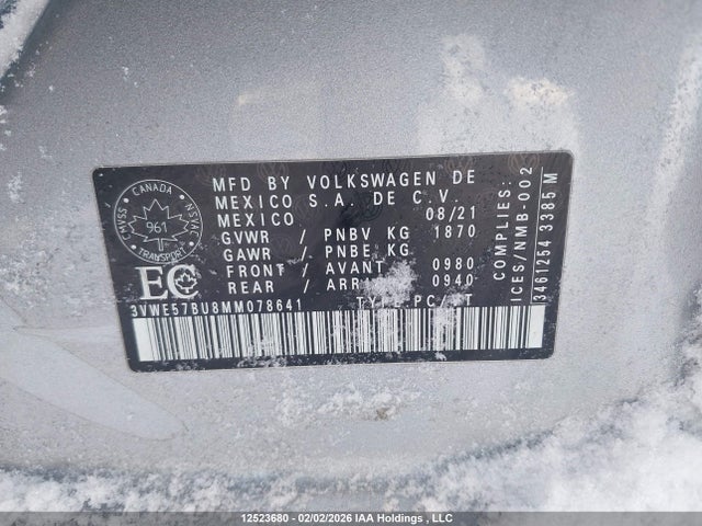 2021 Volkswagen Jetta Highline მანქანა იყიდება აუქციონზე, vin: 3VWE57BU8MM078641, აუქციონის ნომერი: 12523680