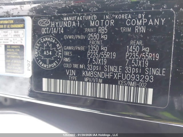 12523682 :رقم المزاد ، KM8SNDHFXFU093293 vin ، 2015 Hyundai Santa Fe مزاد بيع