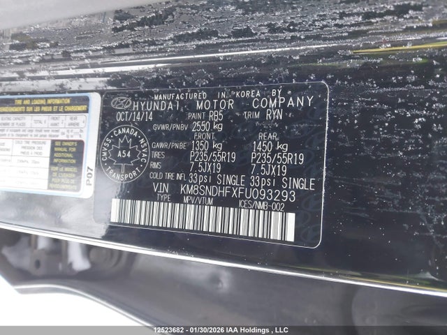 12523682 :رقم المزاد ، KM8SNDHFXFU093293 vin ، 2015 Hyundai Santa Fe مزاد بيع