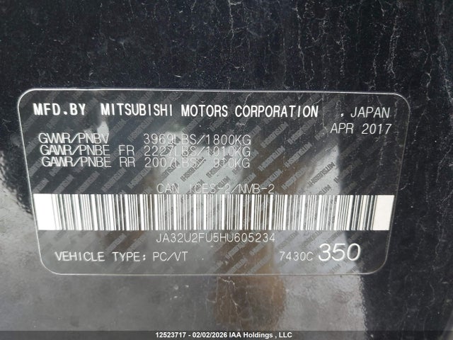 JA32U2FU5HU605234 Mitsubishi Lancer Es/se Anniversary Edition/se Black Edition/se Ltd