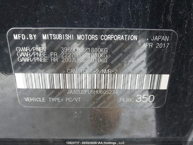 JA32U2FU5HU605234 Mitsubishi Lancer Es/se Anniversary Edition/se Black Edition/se Ltd