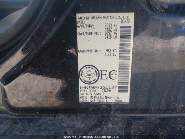 1N4BL4FW0NN351137 Nissan Altima Platinum
