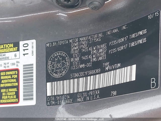 5TDKK3DC1FS668369 Toyota Sienna