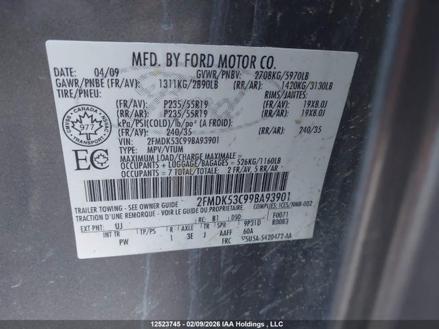 Продажа на аукционе авто 2009 Ford Flex Limited, vin: 2FMDK53C99BA93901, номер лота: 12523745