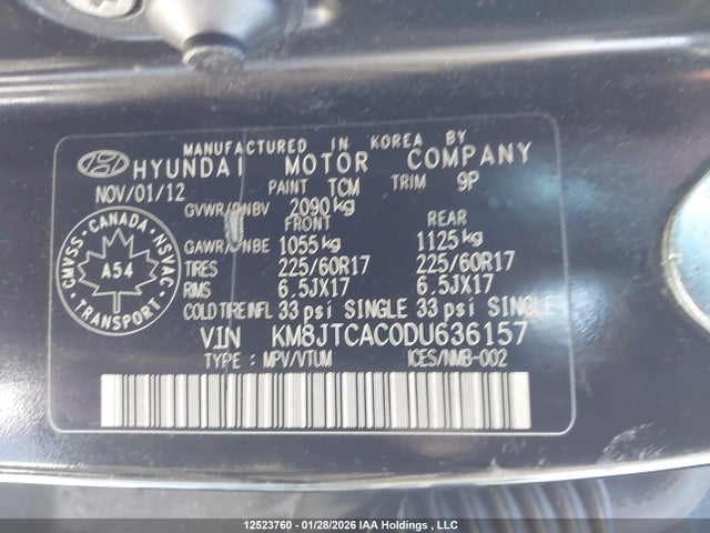 12523760 :رقم المزاد ، KM8JTCAC0DU636157 vin ، 2013 Hyundai Tucson Gl مزاد بيع