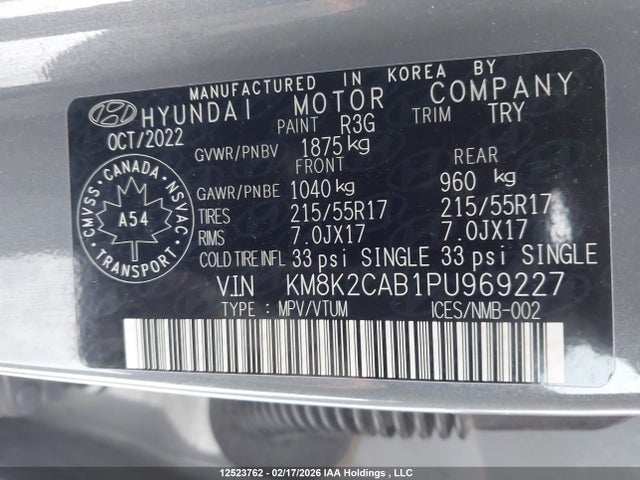 2023 Hyundai Kona Preferred Awd მანქანა იყიდება აუქციონზე, vin: KM8K2CAB1PU969227, აუქციონის ნომერი: 12523762