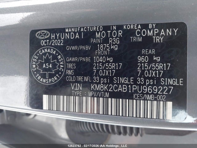 2023 Hyundai Kona Preferred Awd მანქანა იყიდება აუქციონზე, vin: KM8K2CAB1PU969227, აუქციონის ნომერი: 12523762