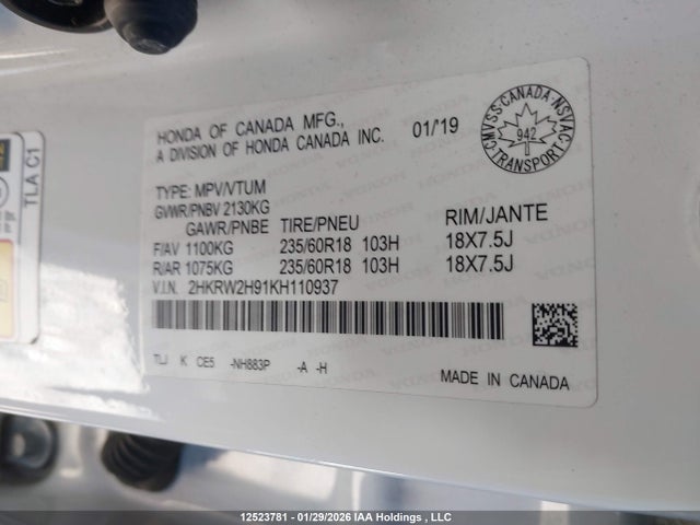 2HKRW2H91KH110937 Honda Cr-v Touring