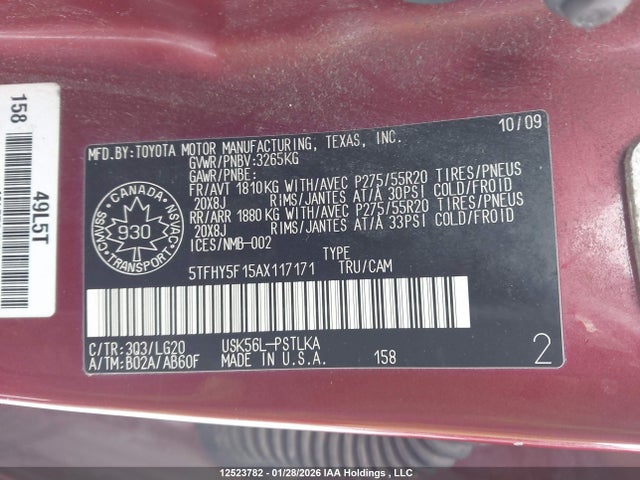 12523782 :رقم المزاد ، 5TFHY5F15AX117171 vin ، 2010 Toyota Tundra Crewmax Limited مزاد بيع