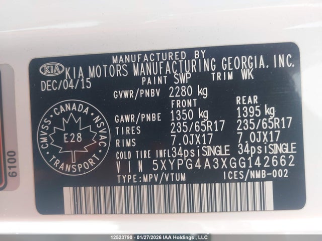 5XYPG4A3XGG142662 KIA Sorento 2.4l Lx