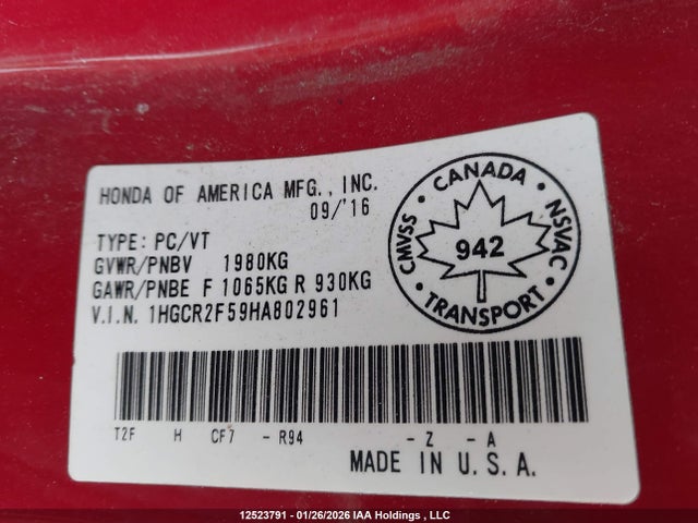 1HGCR2F59HA802961 Honda Accord Sport