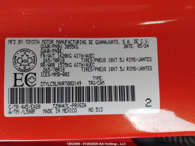 12523800 :رقم المزاد ، 3TYLC5LNXRT002149 vin ، 2024 Toyota Tacoma Hybrid مزاد بيع
