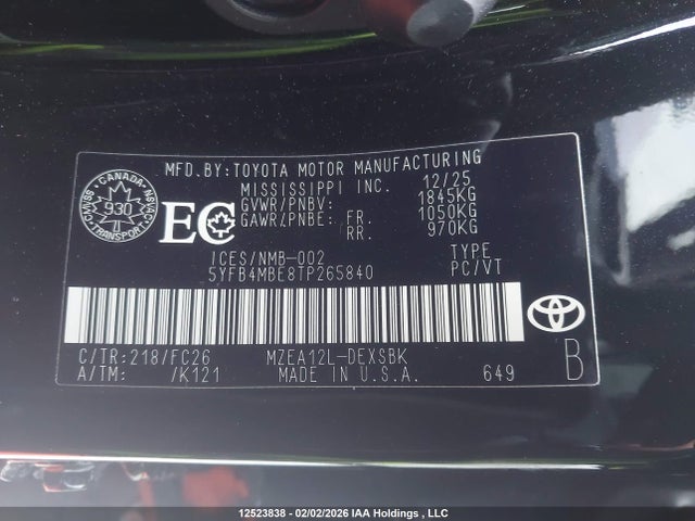 12523838 :رقم المزاد ، 5YFB4MBE8TP265840 vin ، 2026 Toyota Corolla Se/xse مزاد بيع