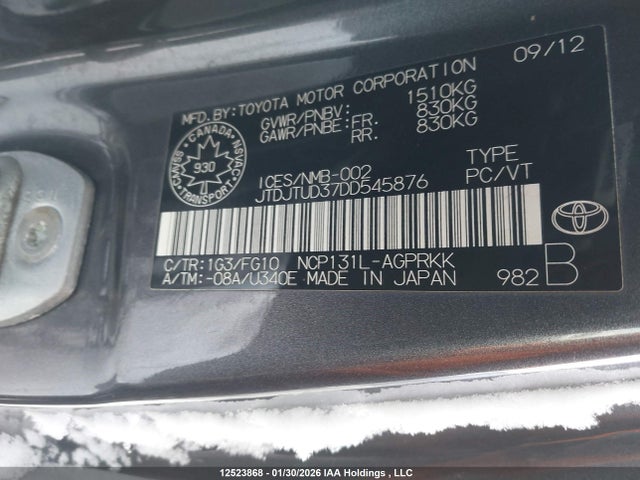 Aukcja sprzedaży 2013 Toyota Yaris, vin: JTDJTUD37DD545876, numer aukcji: 12523868