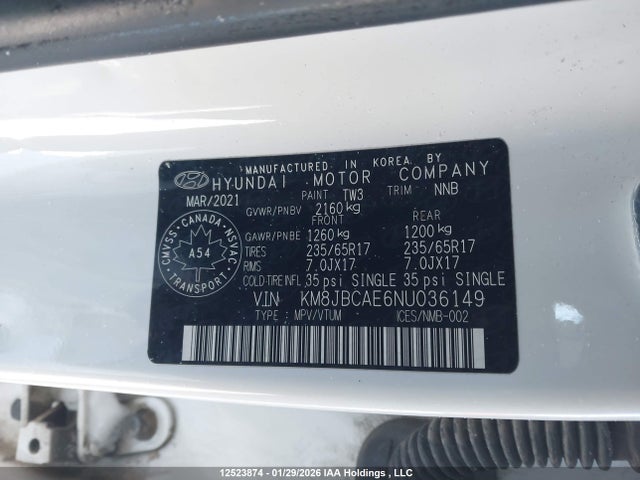 12523874 :رقم المزاد ، KM8JBCAE6NU036149 vin ، 2022 Hyundai Tucson Sel مزاد بيع