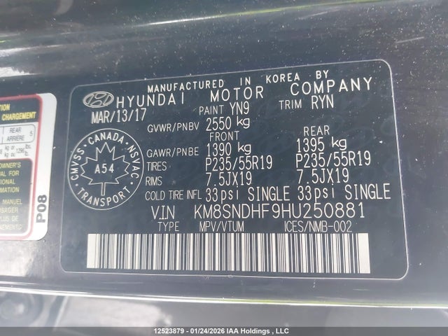 KM8SNDHF9HU250881 Hyundai Santa Fe Se/limited