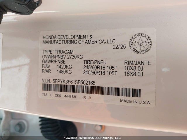 12523882 :رقم المزاد ، 5FPYK3F61SB502165 vin ، 2025 Honda Ridgeline مزاد بيع