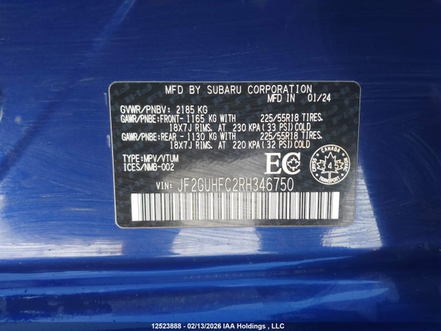 12523888 :رقم المزاد ، JF2GUHFC2RH346750 vin ، 2024 Subaru Crosstrek Sport مزاد بيع