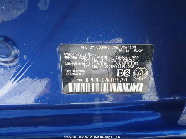 12523888 :رقم المزاد ، JF2GUHFC2RH346750 vin ، 2024 Subaru Crosstrek Sport مزاد بيع