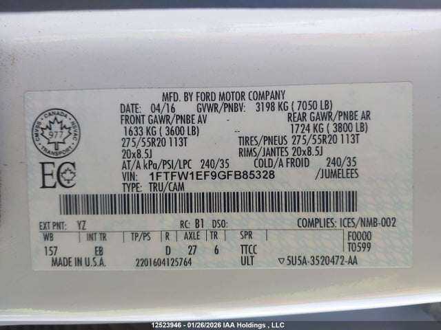 Ford F-150 Lariat 2016 1FTFW1EF9GFB85328 Image 9