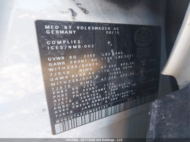 WVGJV7AX0GW507137 Volkswagen Tiguan Comfortline/highline/special Edition