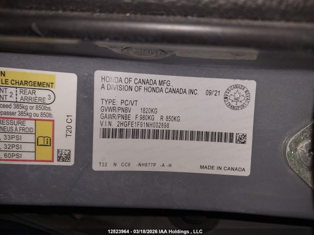 Продаж на аукціоні авто 2022 Honda Civic Touring, vin: 2HGFE1F91NH002898, номер лоту: 12523964
