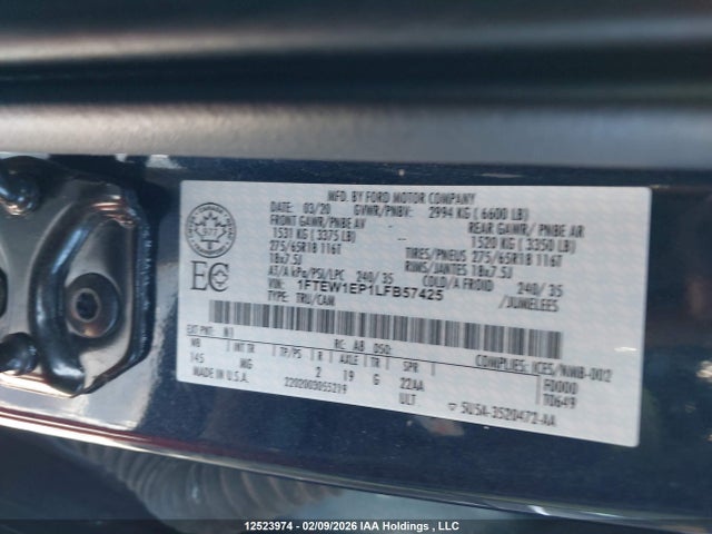 2020 Ford F150 Supercrew მანქანა იყიდება აუქციონზე, vin: 1FTEW1EP1LFB57425, აუქციონის ნომერი: 12523974