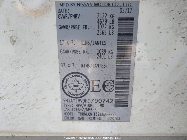 5N1AT2MV9HC790742 Nissan Rogue S/sl Platinum/sv